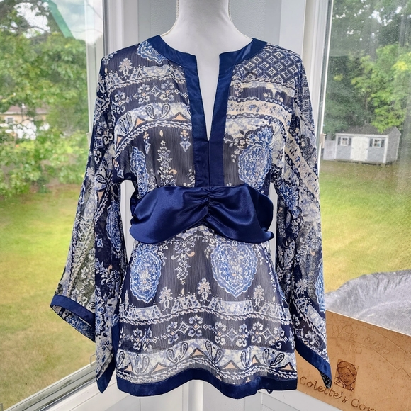 Rampage Navy Blue Satin Trim Sheer Print Waist Defined Bell Sleeve Tunic Top - Picture 14 of 14